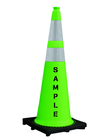Lime Black Base 36\" Cone w/ 6\" \u0026 4\" Reflective Collars \u0026 Custom Lettering