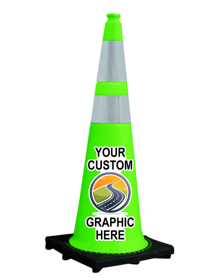 36\" 10 lbsLime Black Base Traffic Cone w/ 6\" \u0026 4\" Reflective Collars w/ Full Color Graphic