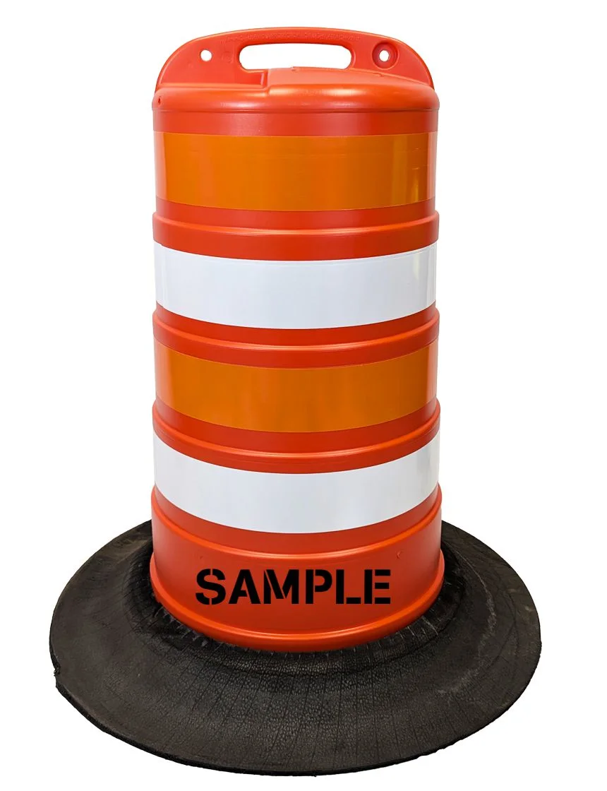37\" Tall Channelizer Drum w/Four 4\" EG Reflective Stripes, Recycled Tire Wall Base \u0026 Custom Lettering