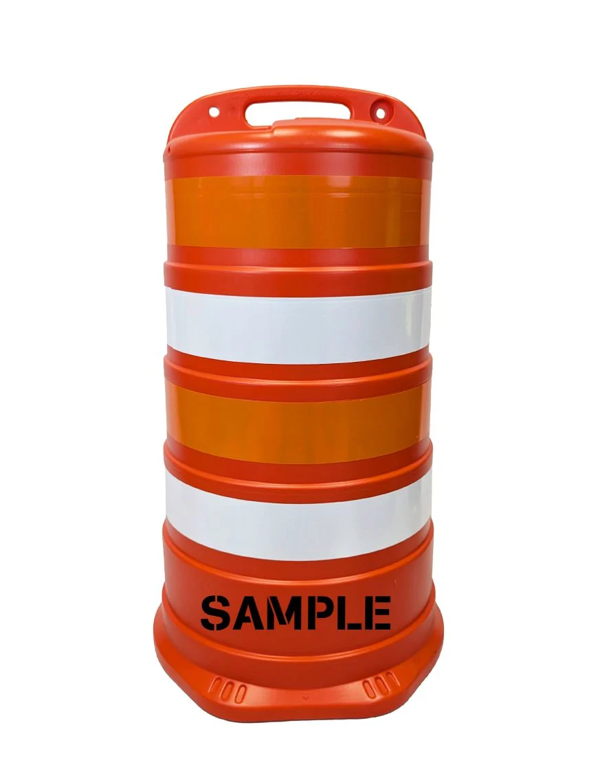 37\" Traffic Drum w/ Four 4\" EG Reflective Stripes \u0026 Double Sided Custom Lettering