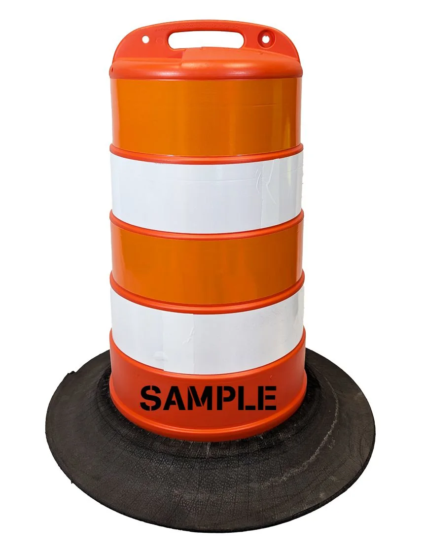 37\" Tall Channelizer Drum w/ Four (4) 6\" EG Reflective Stripes, Double Sided Custom Lettering \u0026 Tire Ring Base