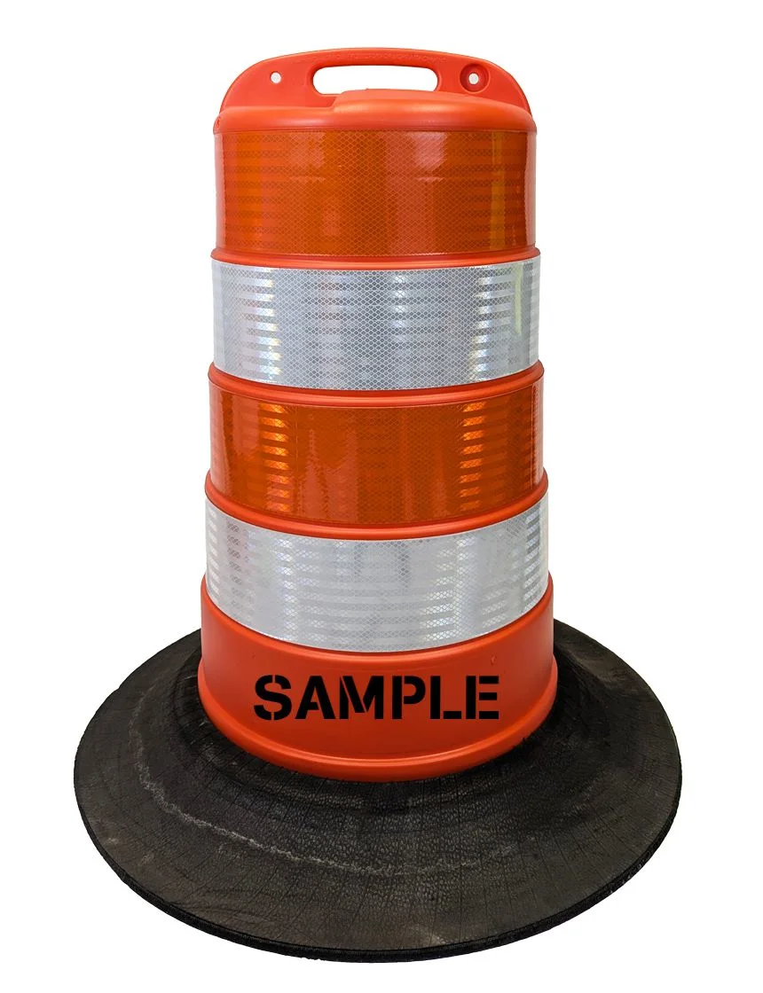37\" Tall Channelizer Drum w/ Four (4) 6\" HI Reflective Stripes, Double Sided Custom Lettering \u0026 Tire Ring Base