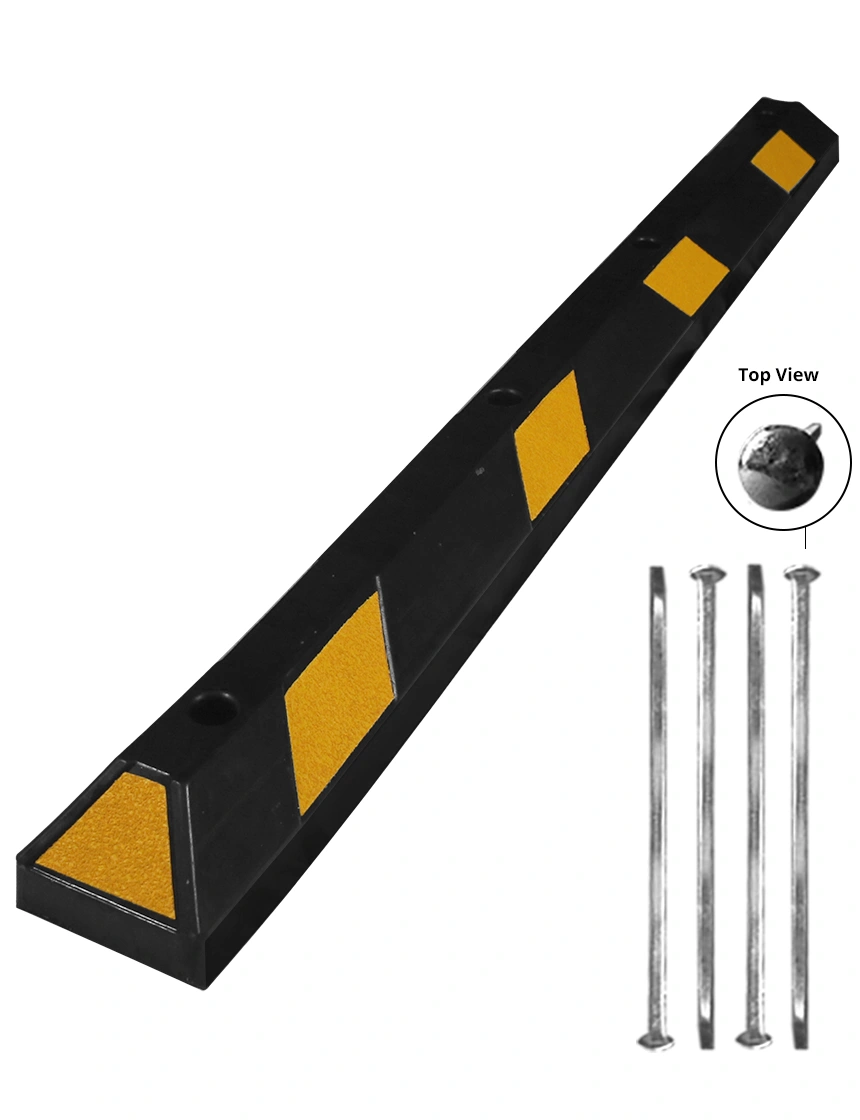 6\u0027 Black Rubber Parking Block w/ Yellow Reflective Panels \u0026 Four 18\" Heavy Duty Galvanized Steel Spikes