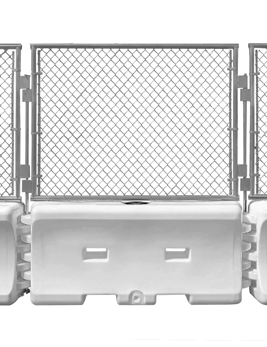 72\"L X 32\"H X 18\"W White TrafFix Water-Wall Water-Filled Barrier w/OnePro 52\" Tall Fence Panel