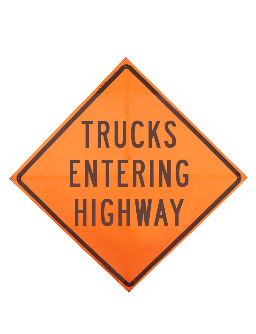 Trucks Entering Highway Sign Sewn Pockets Mesh 48\" X 48\"