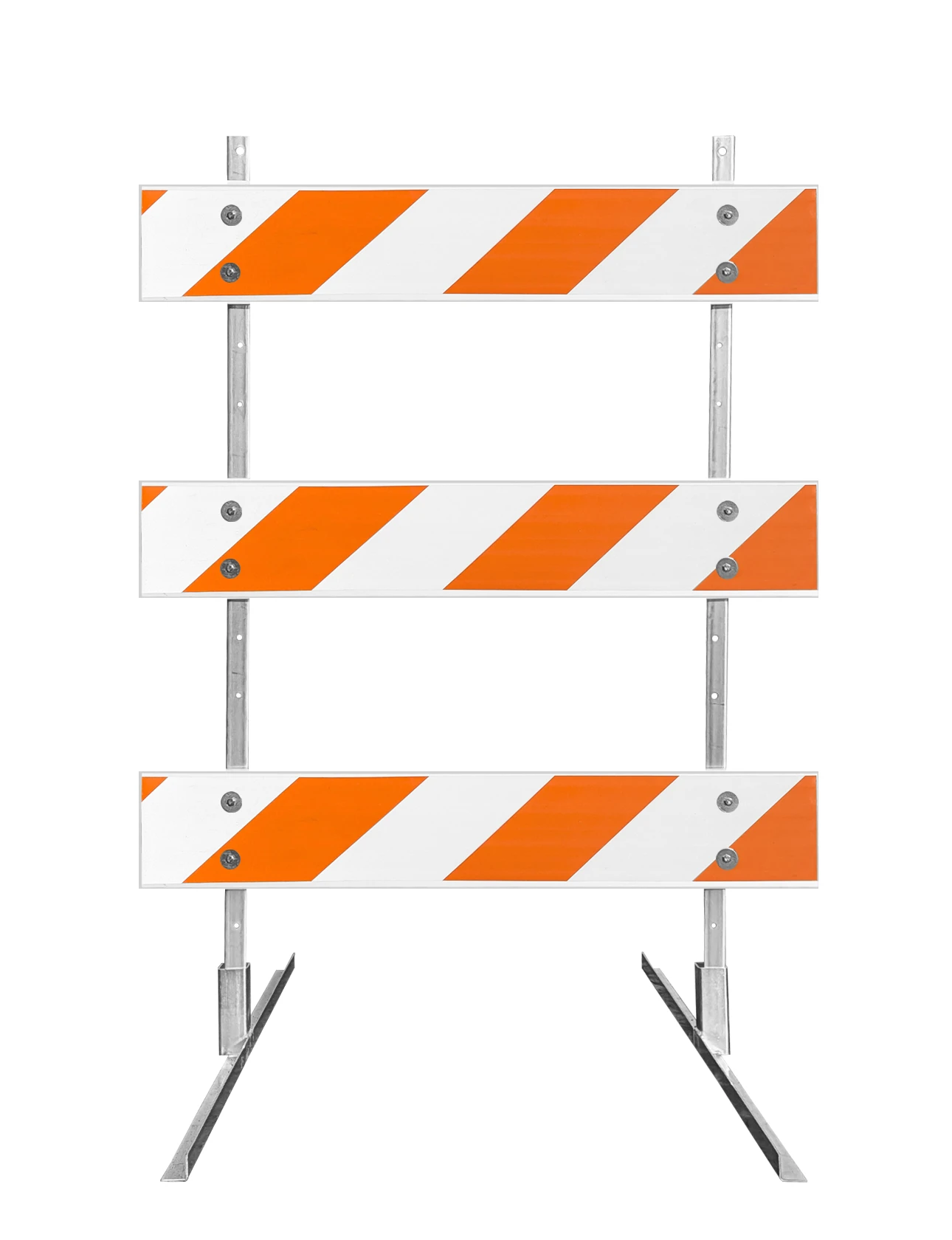 63\" Tall MUTCD Type III Barricade -Square Steel Sign Post Uprights, Steel Angle Iron Feet \u0026 Three 4\u0027 Plastic Boards w/EG Sheeting On Both Sides Of Rails
