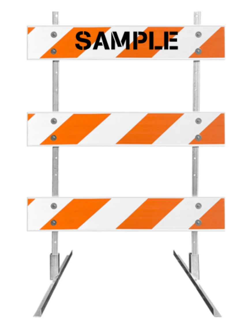 63\" Tall MUTCD Type III Barricade -Square Steel Sign Post Uprights, Steel Angle Iron Feet \u0026 Three 4\u0027 Plastic Boards w/EG Sheeting On Both Sides Of Rails \u0026 Custom Lettering