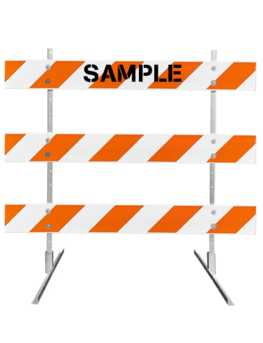 63\" Tall MUTCD Type III Barricade -Square Steel Sign Post Uprights, Steel Angle Iron Feet \u0026 Three 6\u0027 Plastic Boards w/HI Sheeting On Both Sides Of Rails \u0026 Custom Lettering