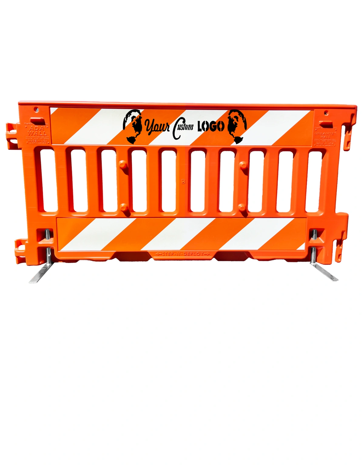 Orange, Pedestrian Wall Barricade w/ T-Legs (72\" L X 3\" W X 38\" H) w/ Engineer Grade (EG) Sheeting On Top \u0026 Bottom On Both Sides \u0026 Full Color Custom Graphic On Both Sides (2X)
