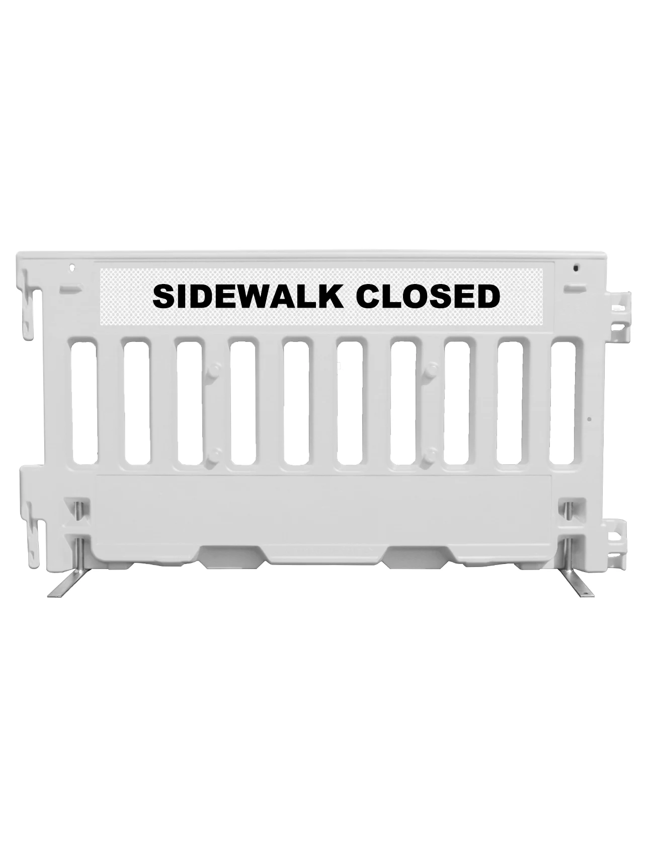 White, Pedestrian Wall Barricade w/ T-Legs (72\" L X 3\" W X 38\" H) w/ High Intensity (HI) Sheeting On Top of Both Sides with SIDEWALK CLOSED on the sheeting