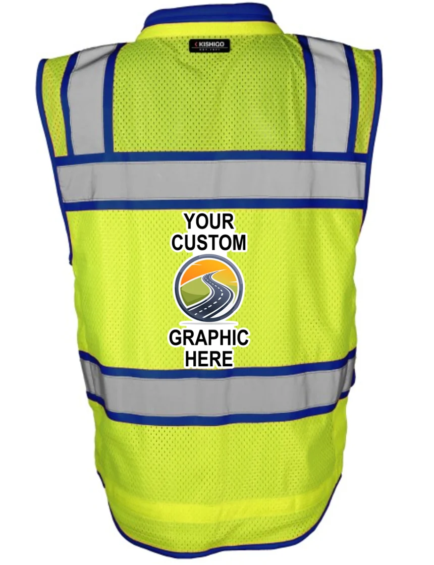 Kishigo Color Contrast High Performance Surveyors Lime \u0026 Blue, Class 2 Safety Vest, Medium with Full Color Graphic