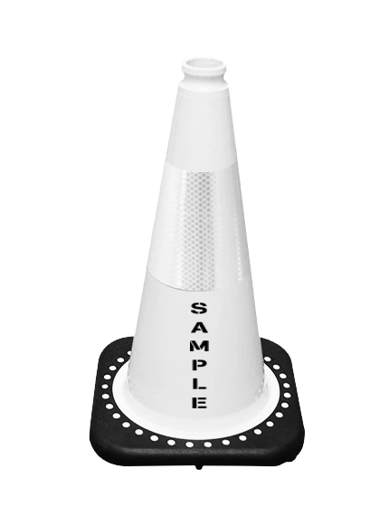 White 18 inch Cone with Black Base 6\" Reflective Collar and Custom Lettering