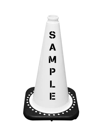 White 18 inch JBC Black Base Traffic Cone with Custom Lettering