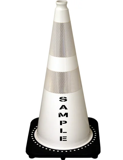 White 28 inch 7 lbs JBC Black Base Traffic Cone 6\" \u0026 4\" Reflective Collars and Custom Lettering