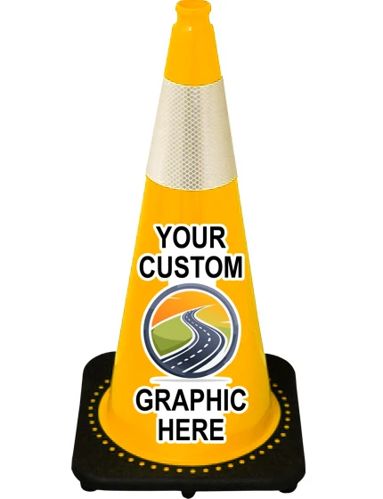 Yellow 28\" 7 lbs JBC Black Base Traffic Cone w/ 6\" Reflective Collar w/ Full Color Graphic