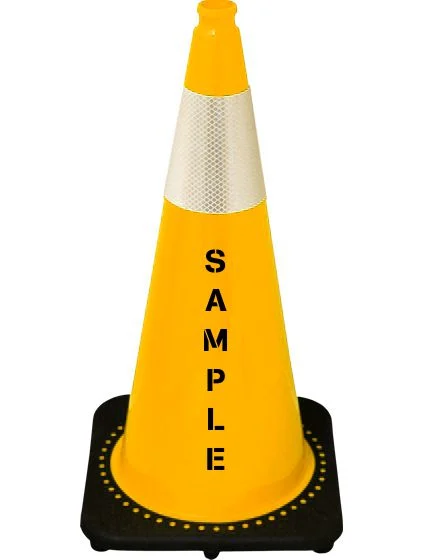 Yellow 28 inch 7 lbs JBC Black Base Traffic Cone Single 6\" Reflective Collar and Double Sided Lettering