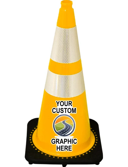 Yellow 28\" 7 lbs JBC Black Base Traffic Cone w/ 6\" \u0026 4\" Reflective Collars w/ Full Color Graphic