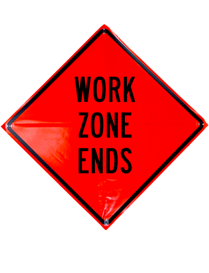 Work Zone Ends Roll Up Sign Sewn Pockets Non Reflective 48\" By 48\"