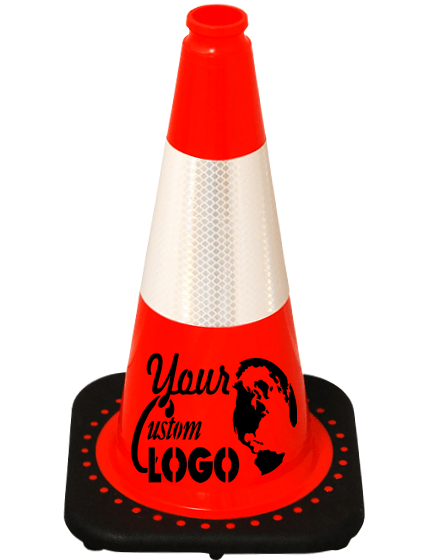 Orange 18 inch JBC Black Base Traffic Cone with 6\" Reflective Collar with Full Color Graphic