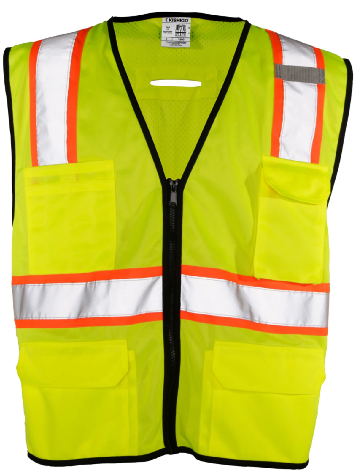 Lime, Class 2, 6 Pocket Contrast Mesh Vest, Size L-XL