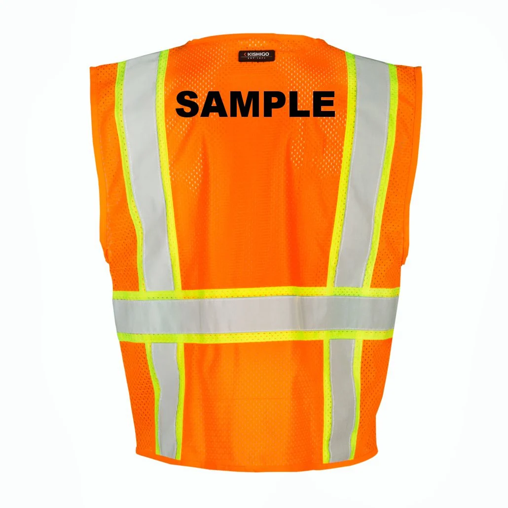 Orange, All Mesh Contrasting Class 2 Safety Vest, 4Xl w/Custom Black Lettering