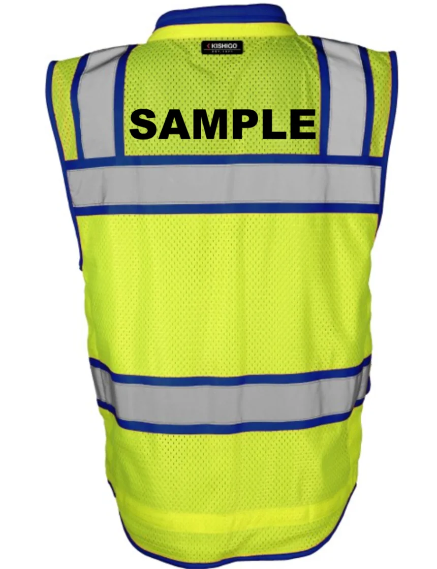 Kishigo Color Contrast High Performance Surveyors Lime \u0026 Blue, Class 2 Safety Vest, Medium with Custom Black Text