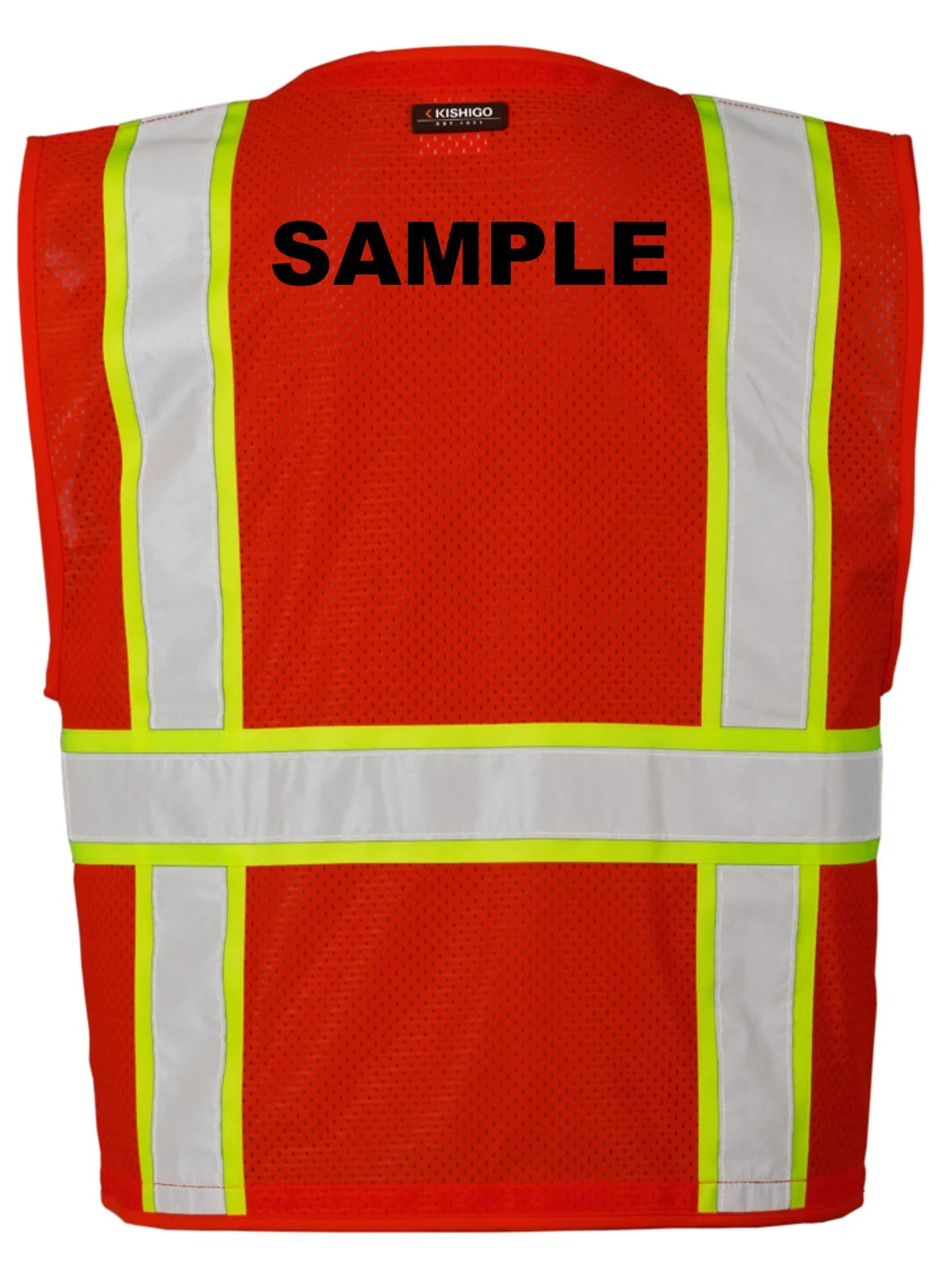 Red/Lime, Enhanced Visibility Multi Pocket Mesh Vest, 2XL-3XL w/ Custom Black Lettering