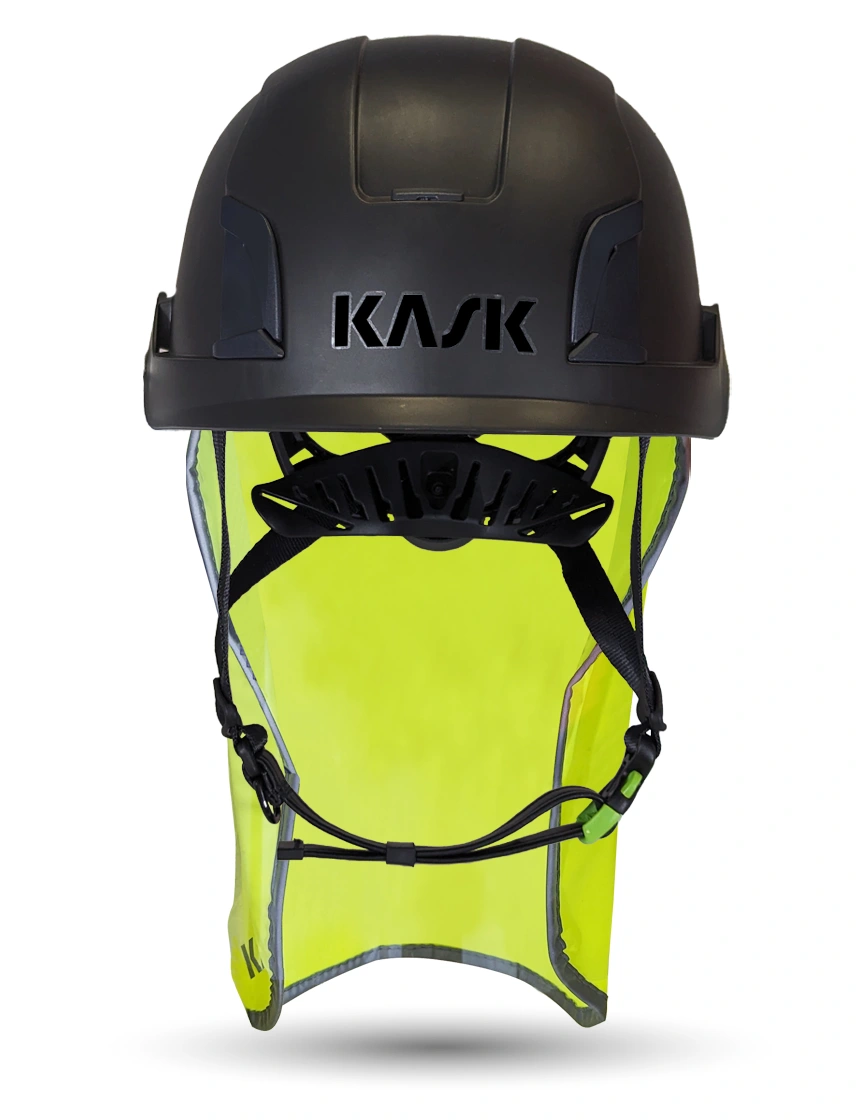Black KASK Zenith X2 ANSI Safety Helmet with 10\" Neck Protector (Yellow Fluorescent)