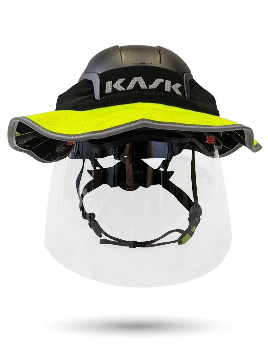 Black KASK Zenith X2 ANSI Safety Helmet with Full-Face Shield \u0026 Brim Kit (Clear) \u0026 360-degree Sun Shield (Yellow Fluorescent)