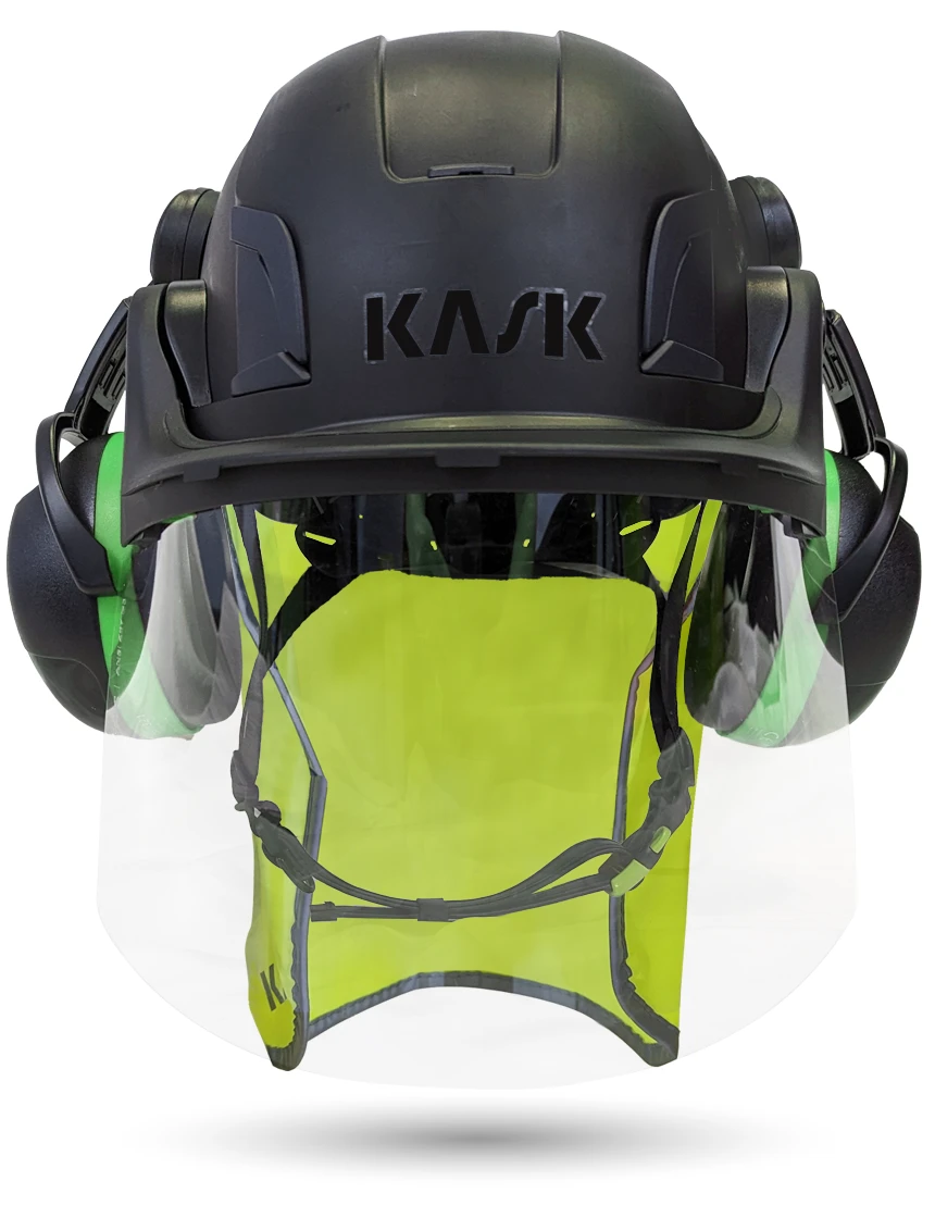 Black KASK Zenith X2 ANSI Safety Helmet with Full-Face Shield \u0026 Brim Kit (Clear) \u0026 Green Ear Muffs (Low to Medium Noise Reduction - 23-25 dB) \u0026 10\" Neck Protector (Yellow Fluorescent)