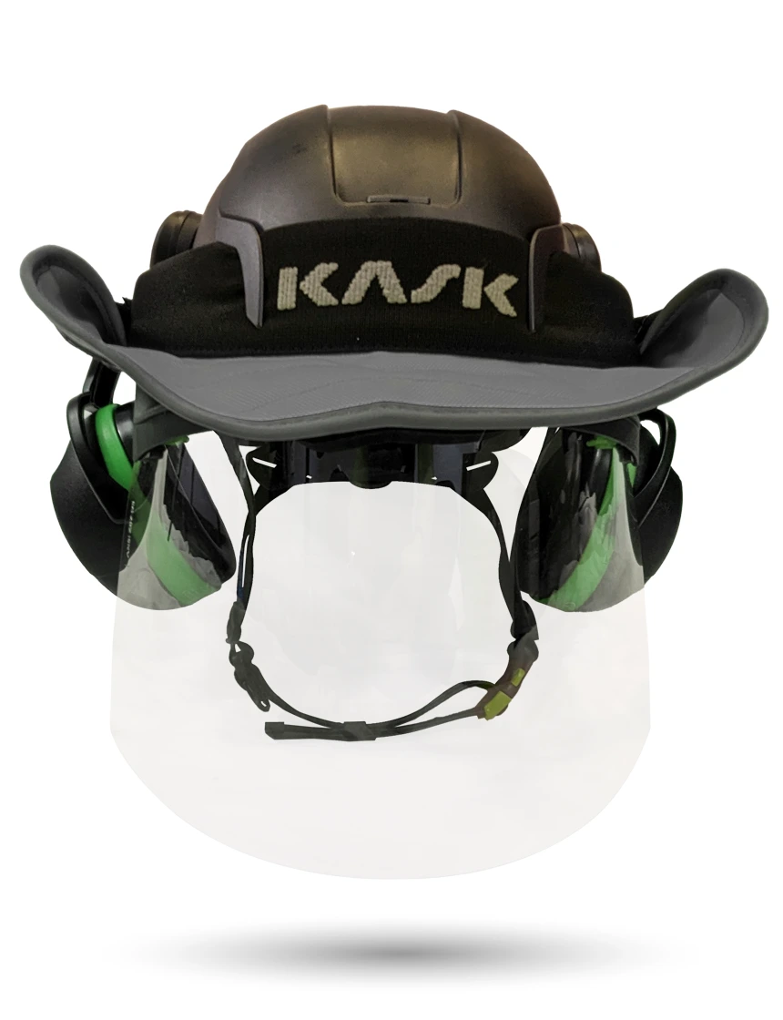 Black KASK Zenith X2 ANSI Safety Helmet with Full-Face Shield \u0026 Brim Kit (Clear) \u0026 Orange Ear Muffs (High Noise Reduction - 29-31 dB) \u0026 360-degree Sun Shield (Anthracite Gray)