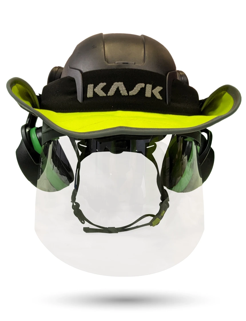 Black KASK Zenith X2 ANSI Safety Helmet with Full-Face Shield \u0026 Brim Kit (Clear) \u0026 Orange Ear Muffs (High Noise Reduction - 29-31 dB) \u0026 360-degree Sun Shield (Yellow Fluorescent)