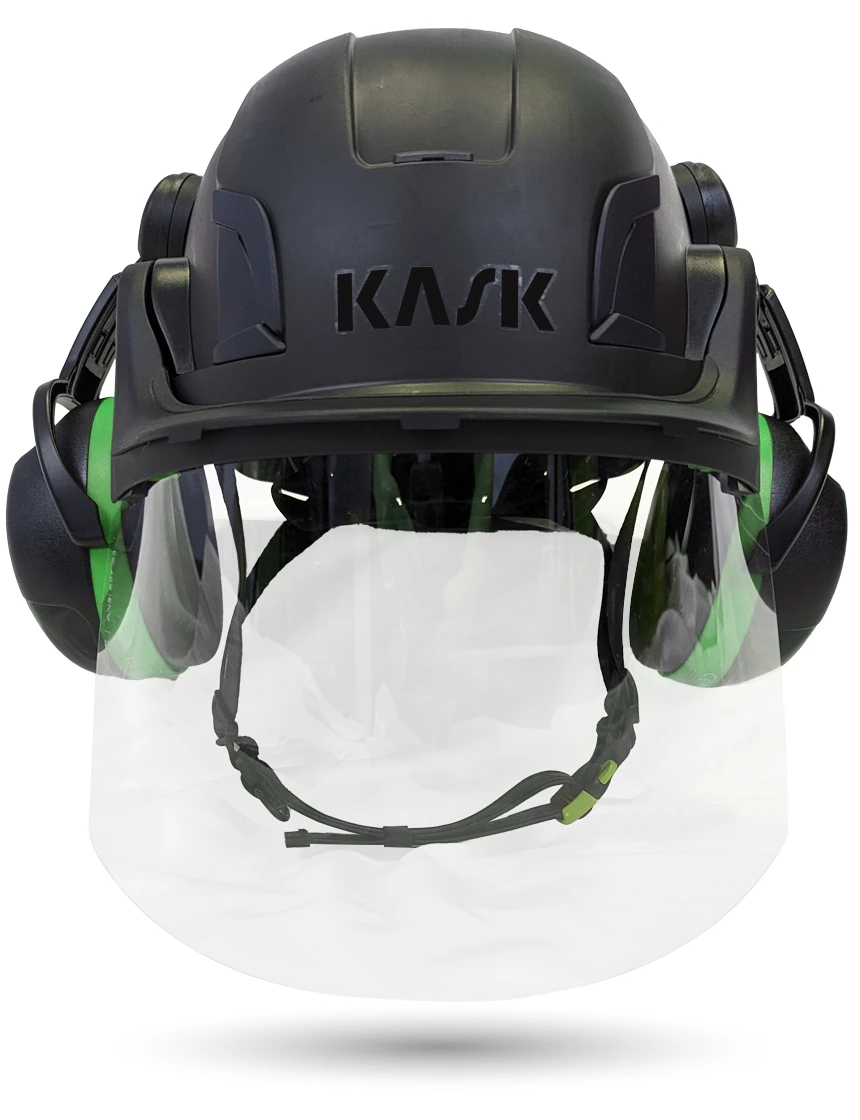 Black KASK Zenith X2 ANSI Safety Helmet with Full-Face Shield \u0026 Brim Kit (Clear) \u0026 Green Ear Muffs (Low to Medium Noise Reduction - 23-25 dB)