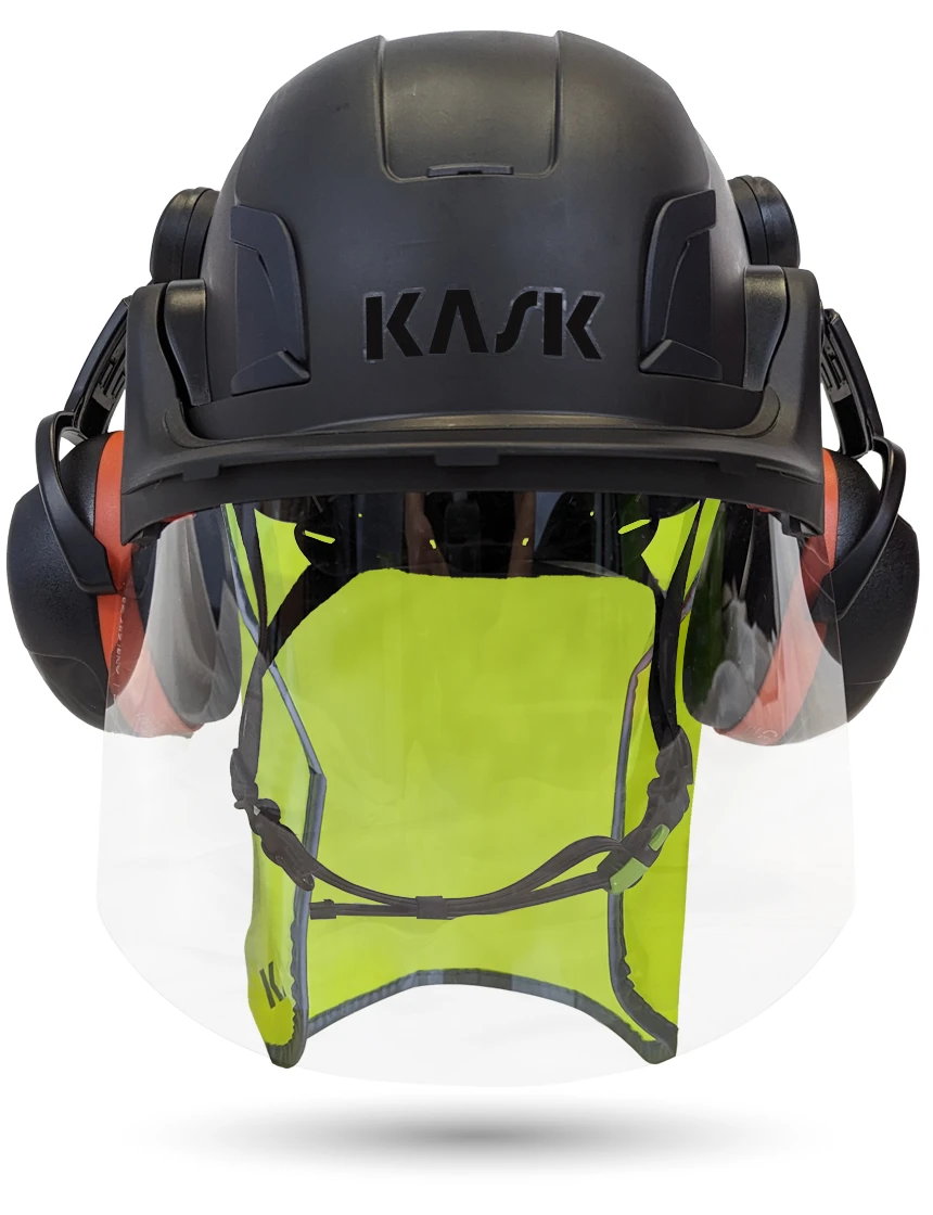 Black KASK Zenith X2 ANSI Safety Helmet with Full-Face Shield \u0026 Brim Kit (Clear) \u0026 Orange Ear Muffs (High Noise Reduction - 29-31 dB) \u0026 10\" Neck Protector (Yellow Fluorescent)