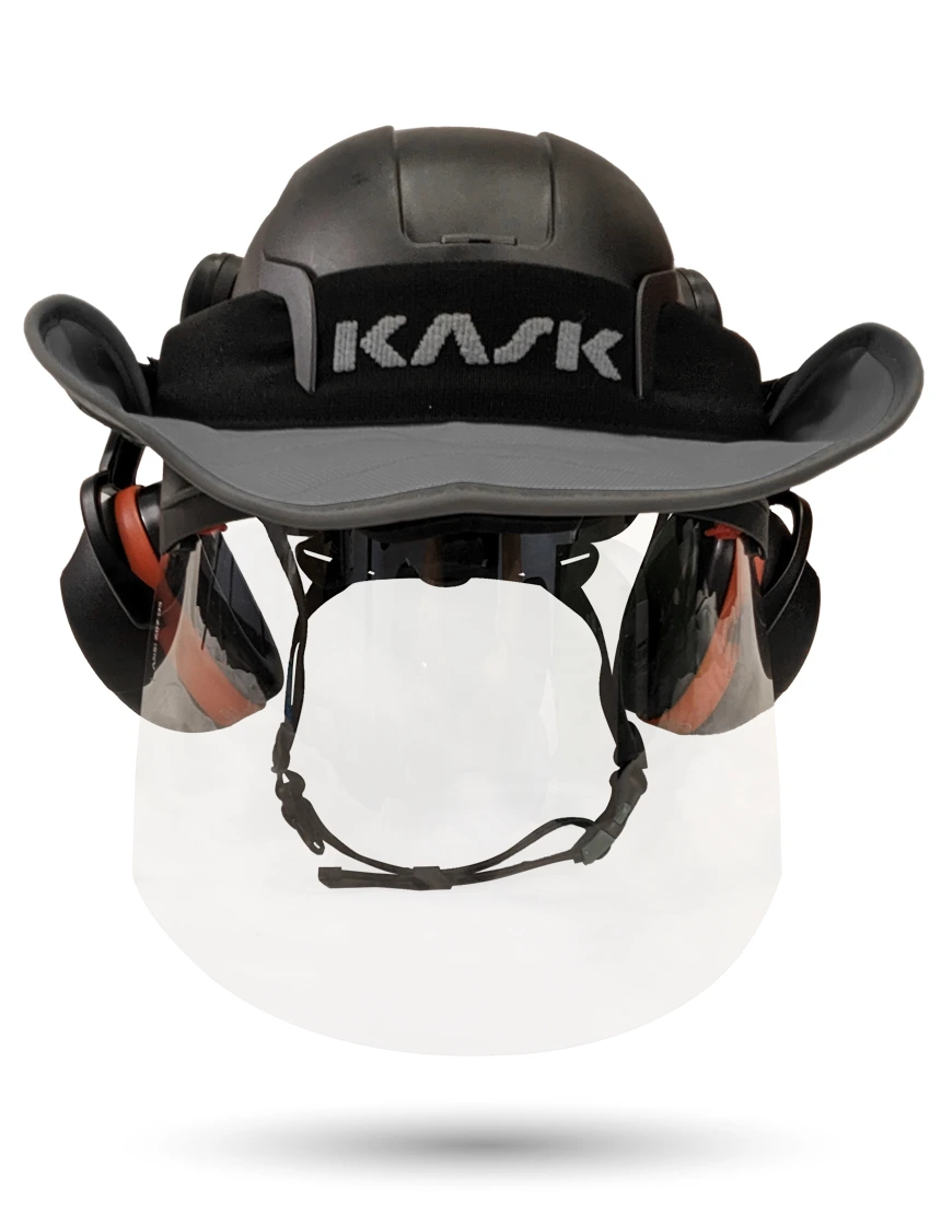 Black KASK Zenith X2 ANSI Safety Helmet with Full-Face Shield \u0026 Brim Kit (Clear) \u0026 Orange Ear Muffs (High Noise Reduction - 29-31 dB) \u0026 360-degree Sun Shield (Anthracite Gray)
