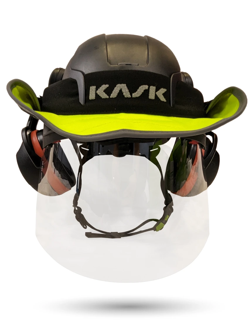 Black KASK Zenith X2 ANSI Safety Helmet with Full-Face Shield \u0026 Brim Kit (Clear) \u0026 Orange Ear Muffs (High Noise Reduction - 29-31 dB) \u0026 360-degree Sun Shield (Yellow Fluorescent)
