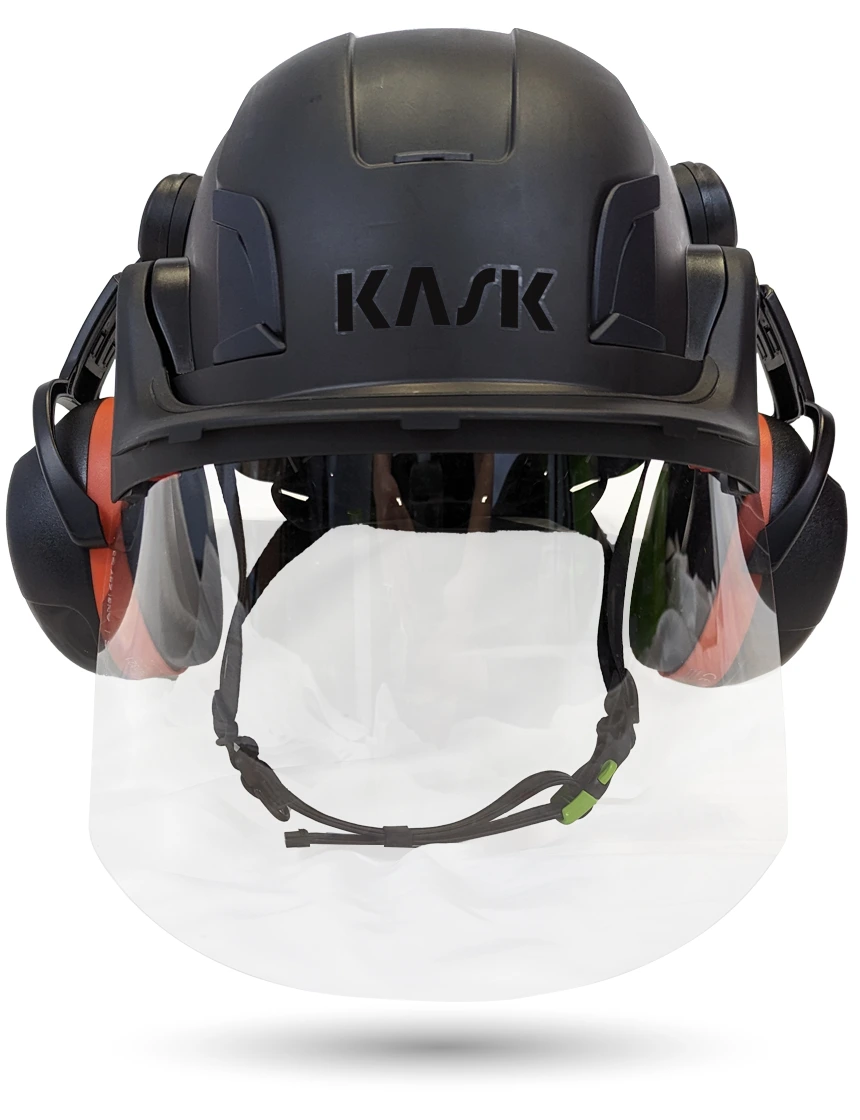 Black KASK Zenith X2 ANSI Safety Helmet with Full-Face Shield \u0026 Brim Kit (Clear) \u0026 Orange Ear Muffs (High Noise Reduction - 29-31 dB)