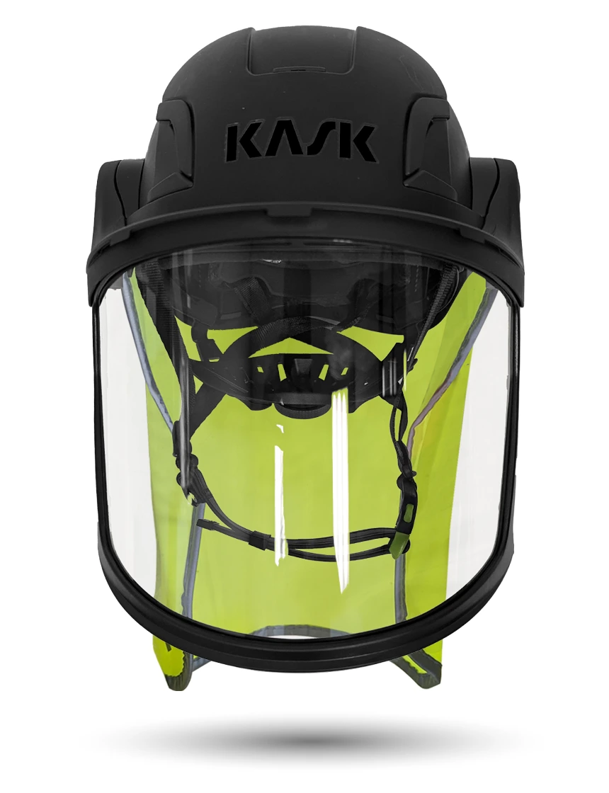 Black KASK Zenith X2 ANSI Safety Helmet with Full-Face Visor Kit (Clear) \u0026 10\" Neck Protector (Yellow Fluorescent)