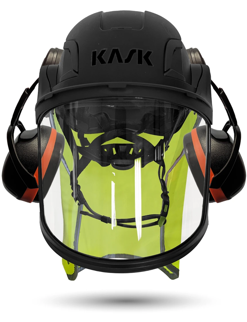 Black KASK Zenith X2 ANSI Safety Helmet with Full-Face Visor Kit (Clear) \u0026 Orange Ear Muffs (High Noise Reduction - 29-31 dB) \u0026 10\" Neck Protector (Yellow Fluorescent)