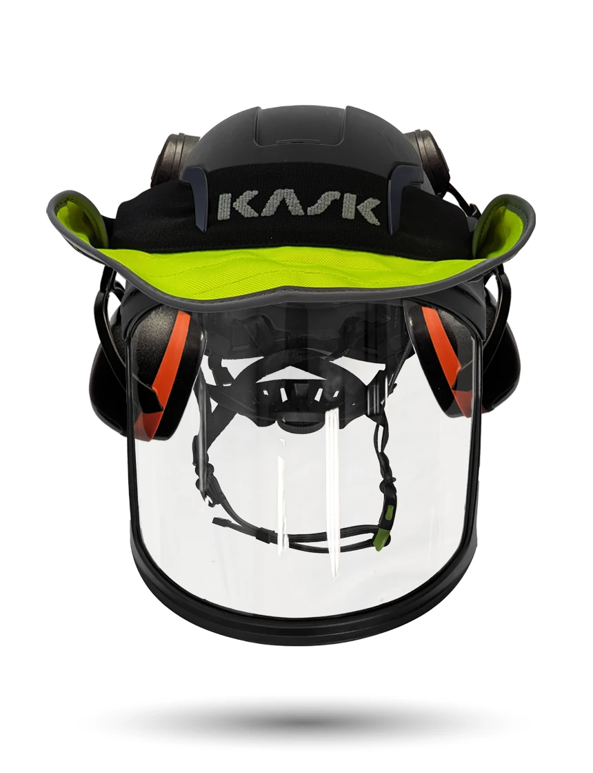 Black KASK Zenith X2 ANSI Safety Helmet with Full-Face Visor Kit (Clear) \u0026 Orange Ear Muffs (High Noise Reduction - 29-31 dB) \u0026 360-degree Sun Shield (Yellow Fluorescent)