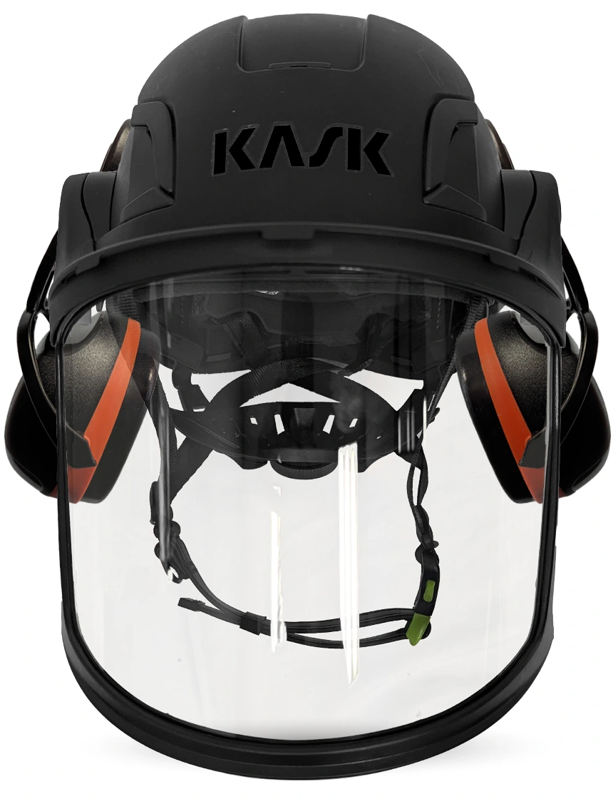 Black KASK Zenith X2 ANSI Safety Helmet with Full-Face Visor Kit (Clear) \u0026 Orange Ear Muffs (High Noise Reduction - 29-31 dB)