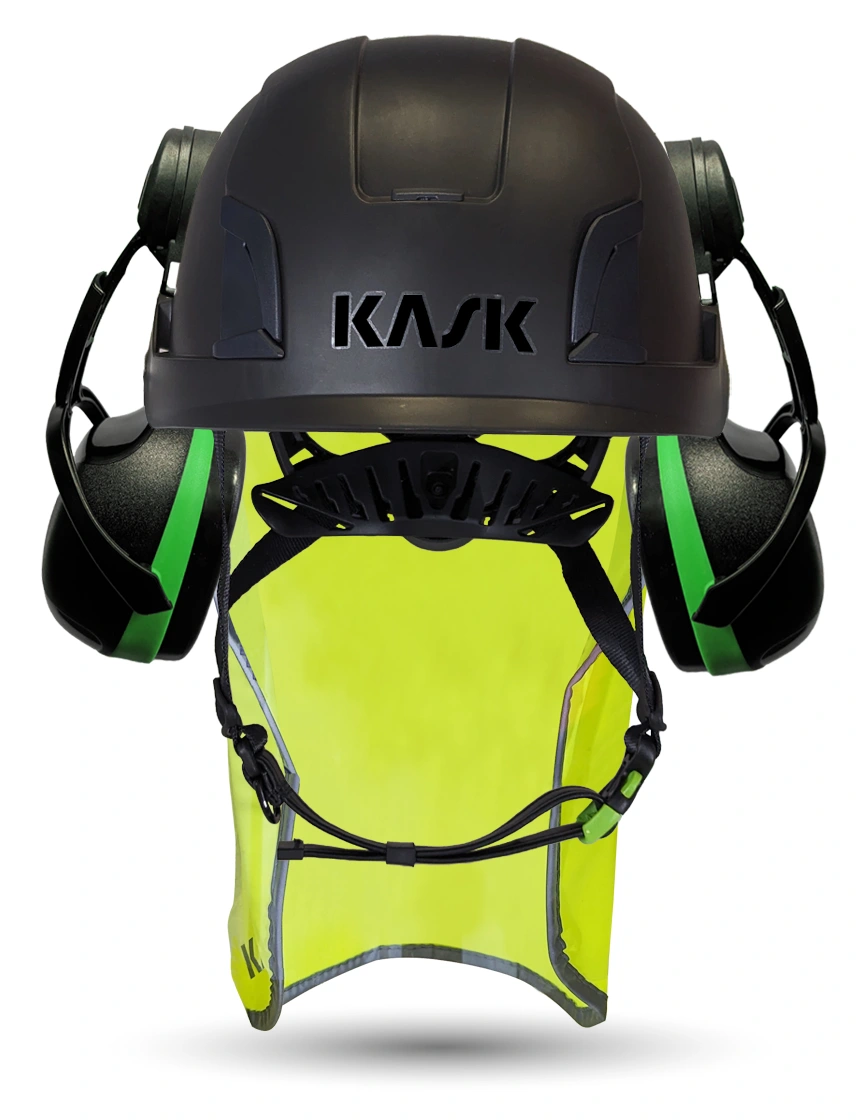 Black KASK Zenith X2 ANSI Safety Helmet with Green Ear Muffs (Low to Medium Noise Reduction - 23-25 dB) \u0026 10\" Neck Protector (Yellow Fluorescent)