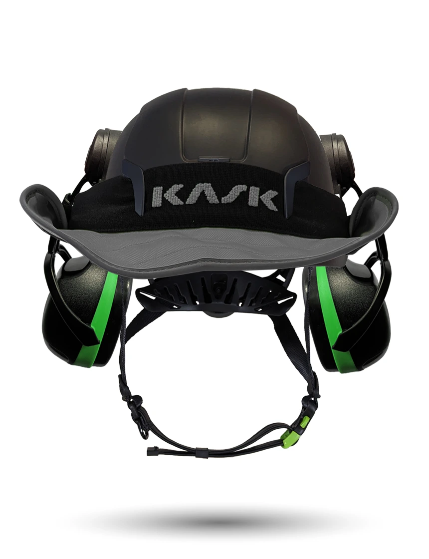 Black KASK Zenith X2 ANSI Safety Helmet with Green Ear Muffs (Low to Medium Noise Reduction - 23-25 dB) \u0026 360-degree Sun Shield (Anthracite Gray)