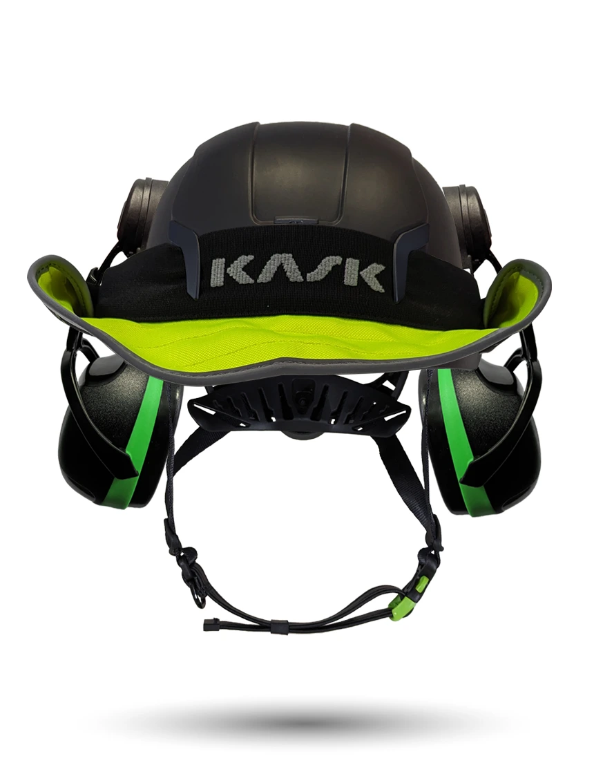 Black KASK Zenith X2 ANSI Safety Helmet with Green Ear Muffs (Low to Medium Noise Reduction - 23-25 dB) \u0026 360-degree Sun Shield (Yellow Fluorescent)
