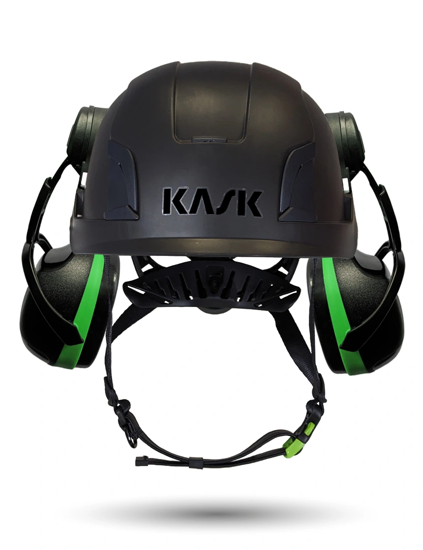Black KASK Zenith X2 ANSI Safety Helmet with Green Ear Muffs (Low to Medium Noise Reduction - 23-25 dB)