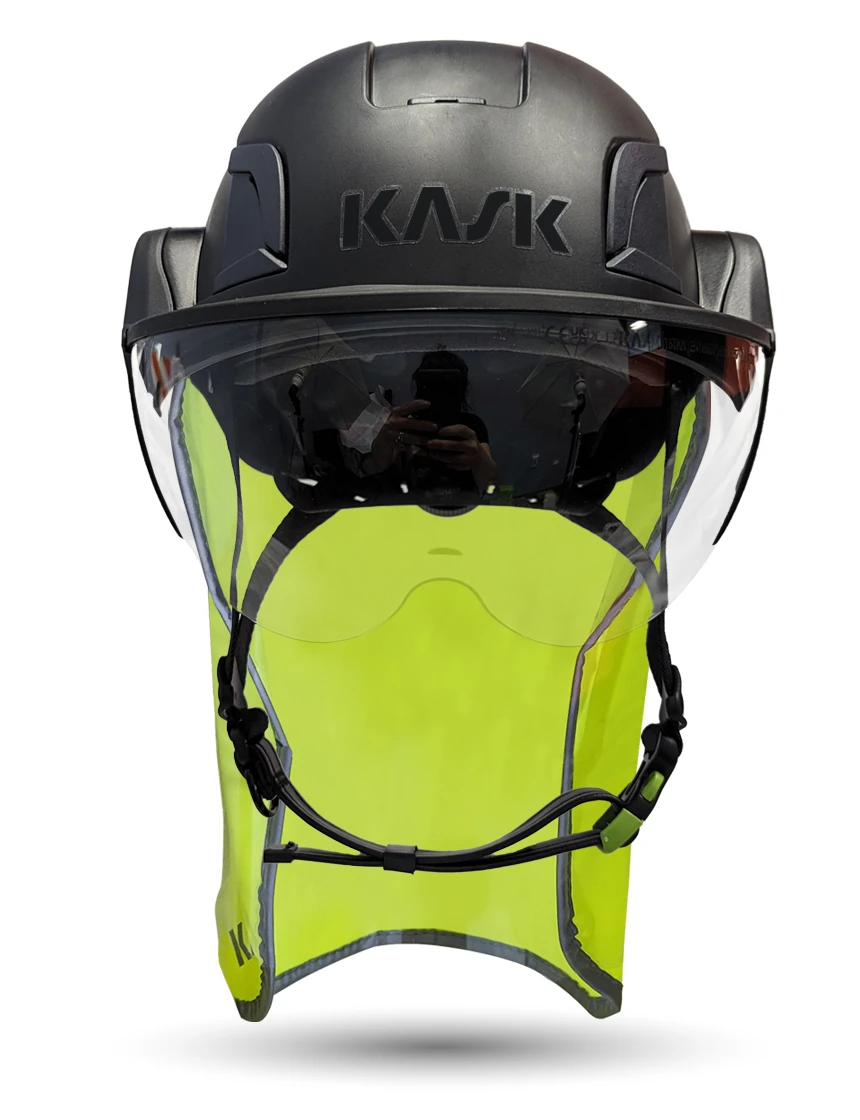 Black KASK Zenith X2 ANSI Safety Helmet with Half-Face Visor Kit (Clear) \u0026 10\" Neck Protector (Yellow Fluorescent)