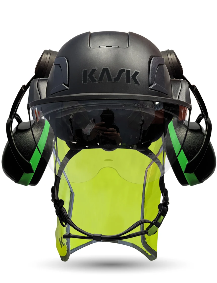 Black KASK Zenith X2 ANSI Safety Helmet with Half-Face Visor Kit (Clear) \u0026 Green Ear Muffs (Low to Medium Noise Reduction - 23-25 dB) \u0026 10\" Neck Protector (Yellow Fluorescent)