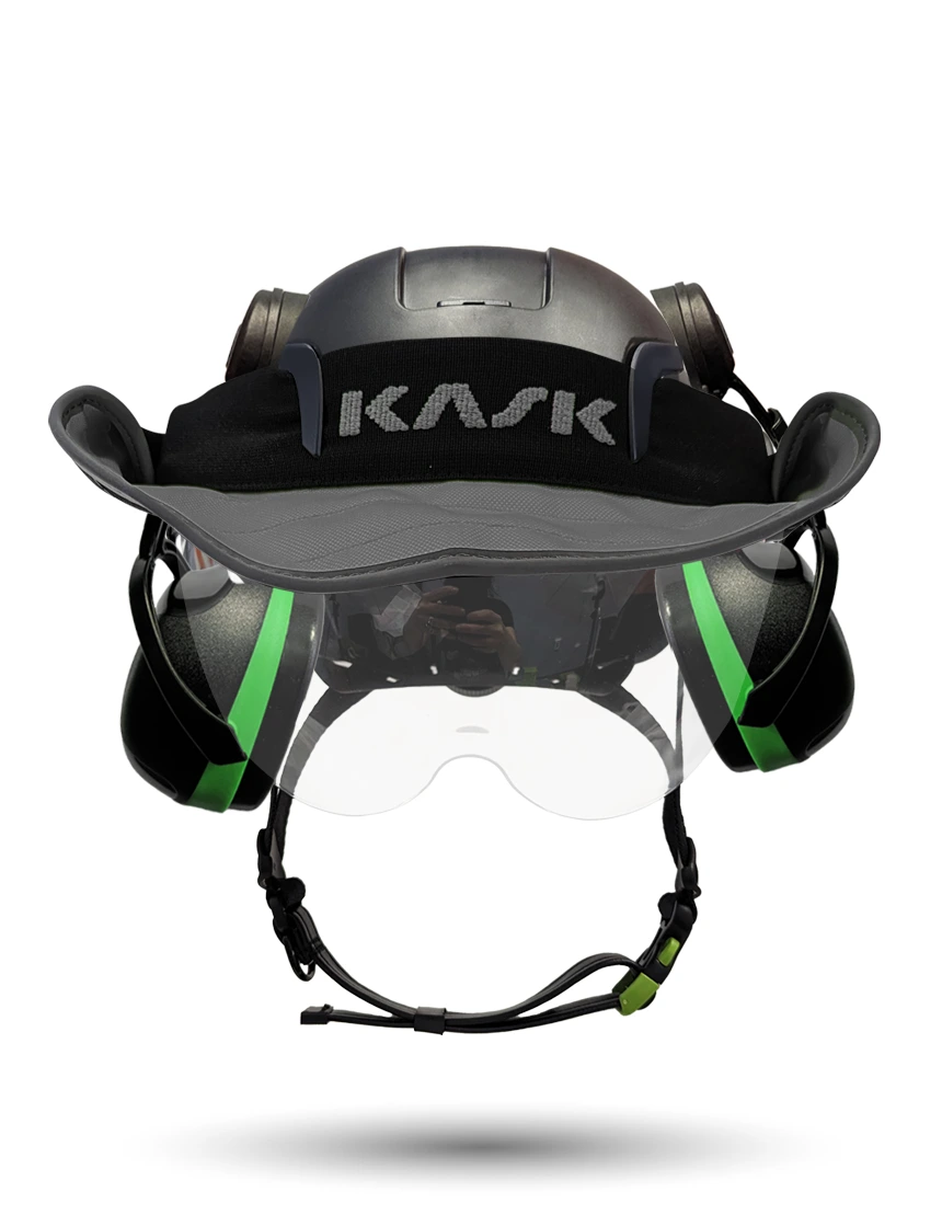 Black KASK Zenith X2 ANSI Safety Helmet with Half-Face Visor Kit (Clear) \u0026 Orange Ear Muffs (High Noise Reduction - 29-31 dB) \u0026 360-degree Sun Shield (Anthracite Gray)