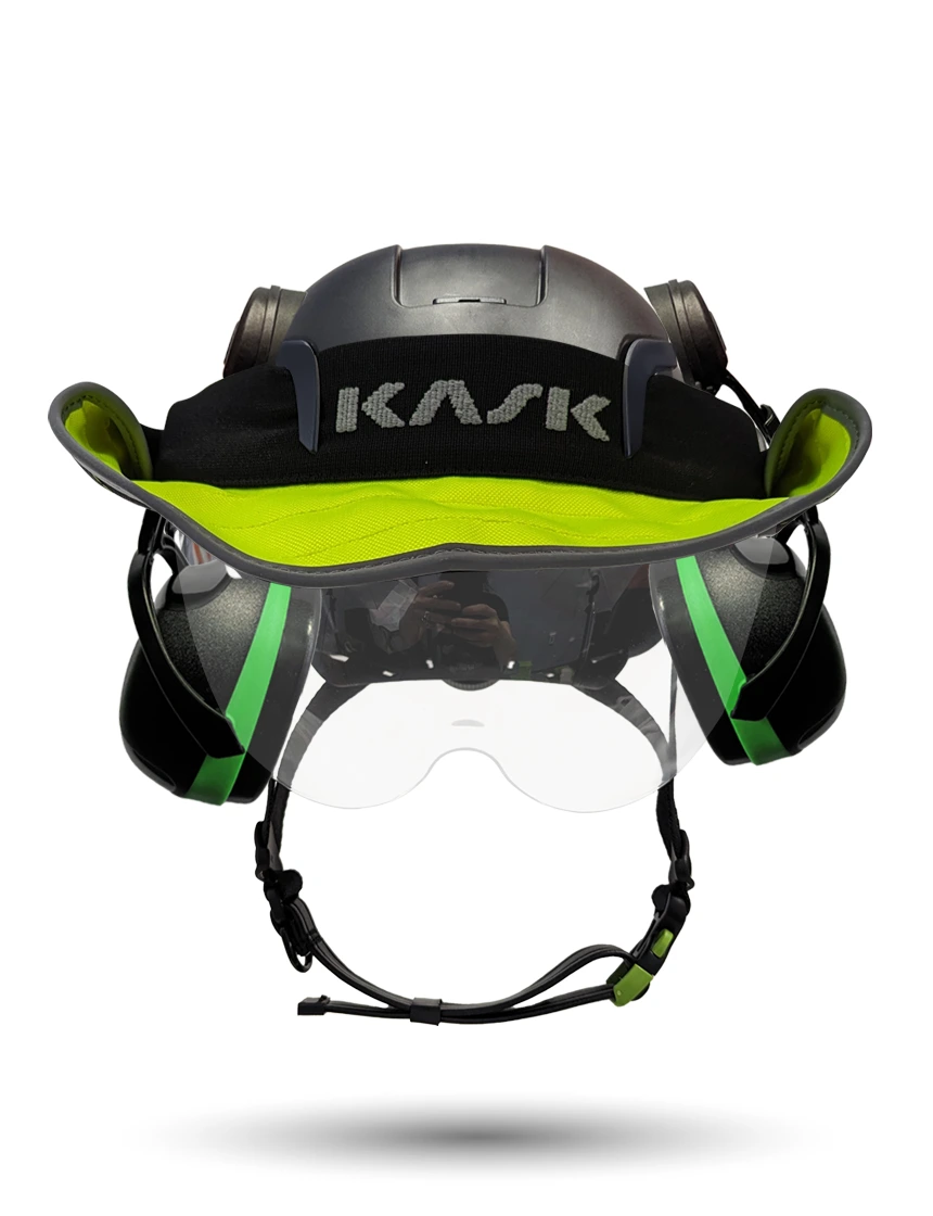 Black KASK Zenith X2 ANSI Safety Helmet with Half-Face Visor Kit (Clear) \u0026 Orange Ear Muffs (High Noise Reduction - 29-31 dB) \u0026 360-degree Sun Shield (Yellow Fluorescent)