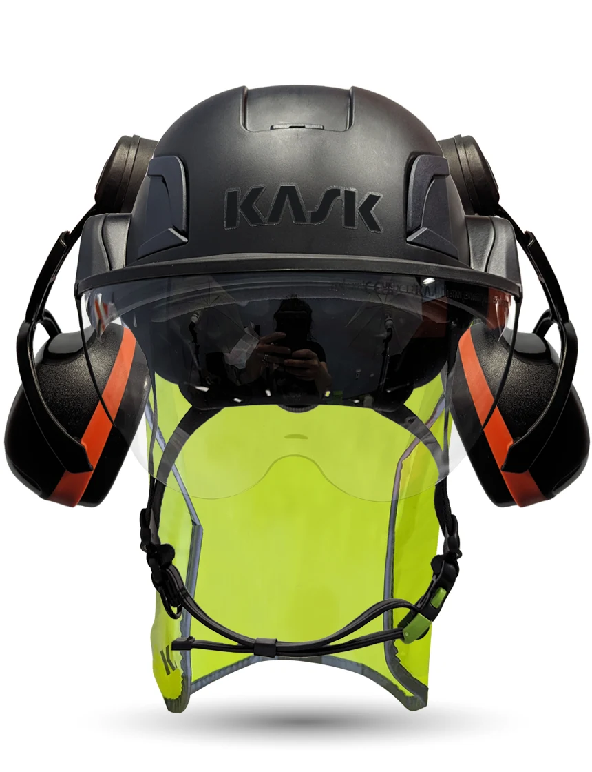 Black KASK Zenith X2 ANSI Safety Helmet with Full-Face Visor Kit (Clear) \u0026 Orange Ear Muffs (High Noise Reduction - 29-31 dB) \u0026 10\" Neck Protector (Yellow Fluorescent)
